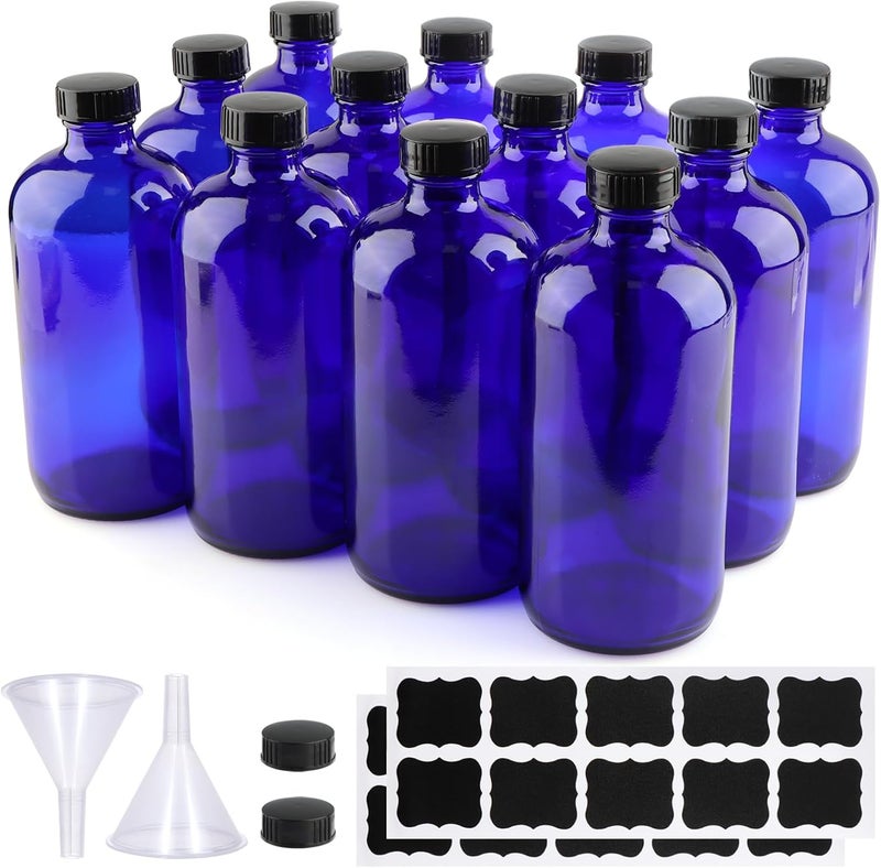 PINIWON 12 Pack 16 oz Cobalt Blue Glass Bottles, Boston Round Sample Bottles with Black Poly Cone Caps, Labels and Funnels - Image 1